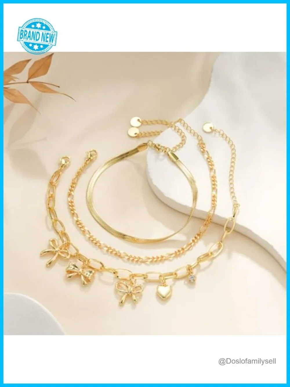 3PC Charm Gold Bracelet Set Non Tarnish 14k Plated Dainty Stackable Trendy